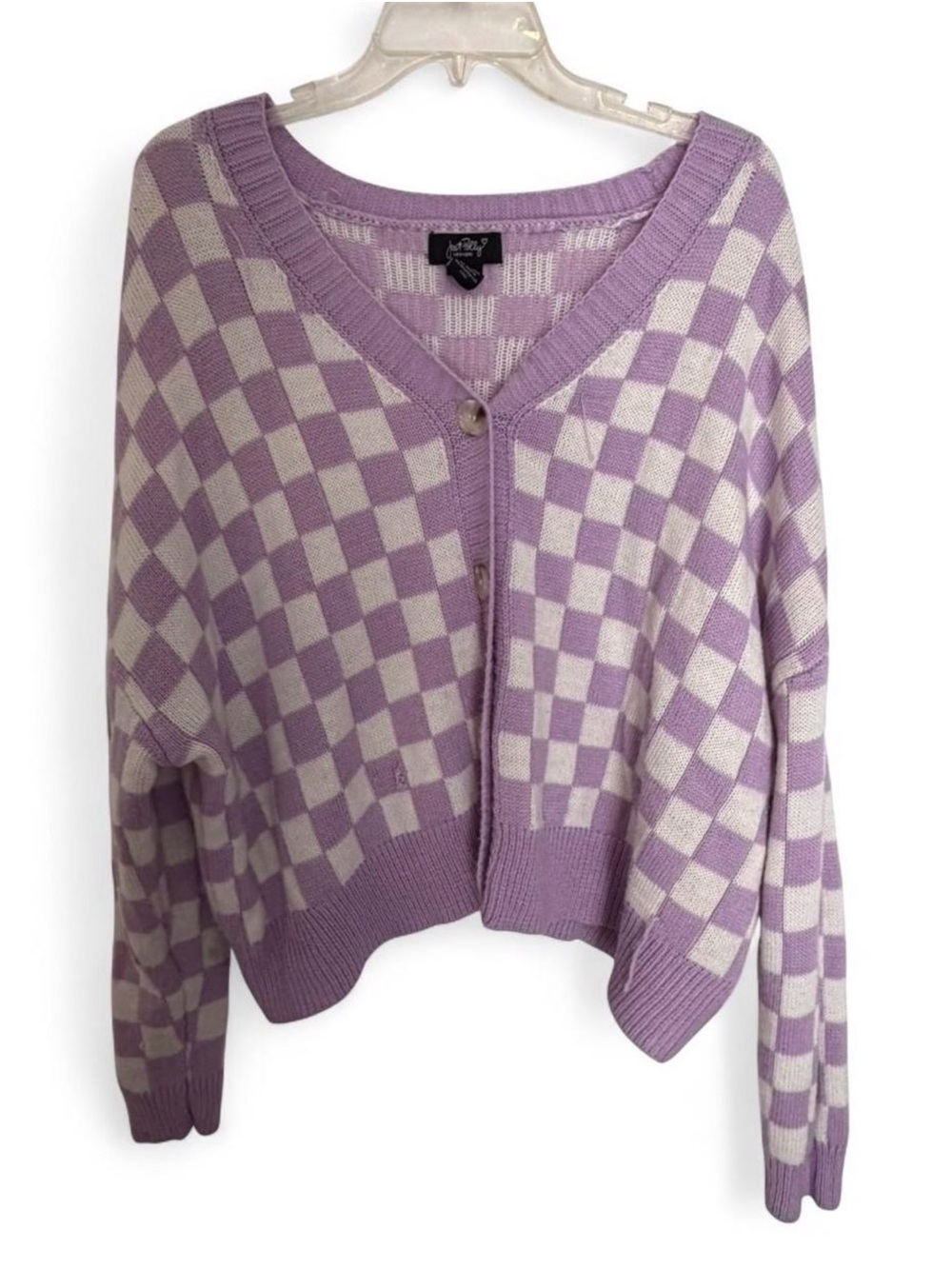 Lavender & Cream Check V-Neck Button Cardigan